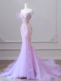 Ndyad Off-Shoulder Tulle Sequin Long Prom Dress Purple Formal Dress HZ1024