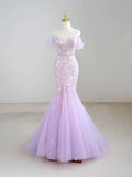 Ndyad Off-Shoulder Tulle Sequin Long Prom Dress Purple Formal Dress HZ1024