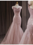 Ndyad Mermaid Strapless Tulle Sequined Long Prom Dress Sweet Wedding Dress HZ1024