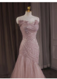 Ndyad Mermaid Strapless Tulle Sequined Long Prom Dress Sweet Wedding Dress HZ1024