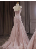 Ndyad Mermaid Strapless Tulle Sequined Long Prom Dress Sweet Wedding Dress HZ1024