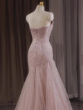 Ndyad Mermaid Strapless Tulle Sequined Long Prom Dress Sweet Wedding Dress HZ1024