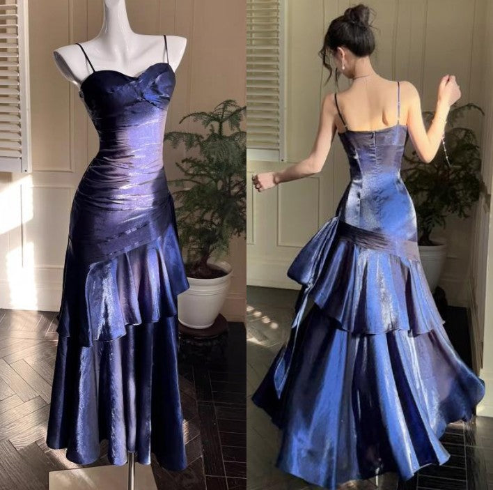 Ndyad Spaghetti Straps Blue Chiffon Satin Ruffles Long Prom Dresses Fairytale Evening Dresses HZ1024