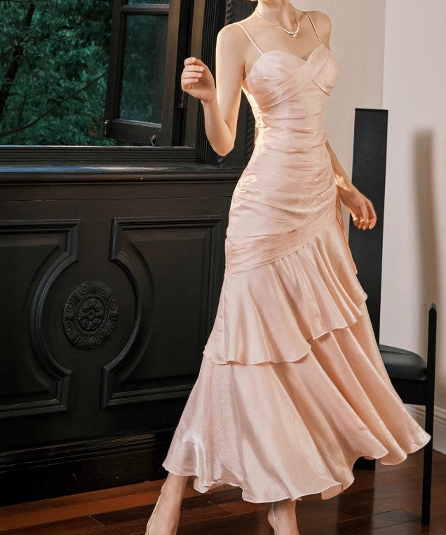 Ndyad Spaghetti Straps Blue Chiffon Satin Ruffles Long Prom Dresses Fairytale Evening Dresses HZ1024