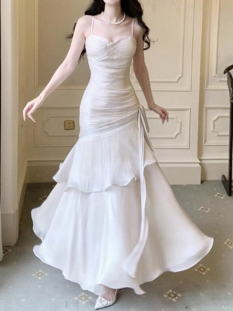 Ndyad Spaghetti Straps Blue Chiffon Satin Ruffles Long Prom Dresses Fairytale Evening Dresses HZ1024