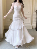 Ndyad Spaghetti Straps Blue Chiffon Satin Ruffles Long Prom Dresses Fairytale Evening Dresses HZ1024
