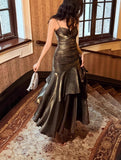 Ndyad Spaghetti Straps Blue Chiffon Satin Ruffles Long Prom Dresses Fairytale Evening Dresses HZ1024