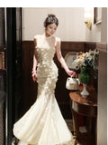 Ndyad Apricot Mermaid Turtleneck Tulle 3D Flower Prom Dress HZ1024