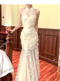 Ndyad Apricot Mermaid Turtleneck Tulle 3D Flower Prom Dress HZ1024