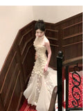 Ndyad Apricot Mermaid Turtleneck Tulle 3D Flower Prom Dress HZ1024