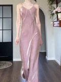 Ndyad Spaghetti Strap Bodycon Dress V Neck Glitter Silk Prom Dress HZ1024