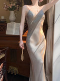 Ndyad Spaghetti Strap Bodycon Dress V Neck Glitter Silk Prom Dress HZ1024