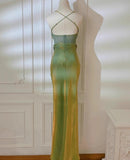 Ndyad Green Mermaid Spaghetti Straps Prom Dress Backless Birthday Graduation Prom Dress HZ1024