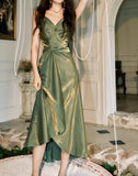 Ndyad Bodycon Dress Spaghetti Strap V-Neck Chiffon Satin Sleeveless Prom Dress HZ1024
