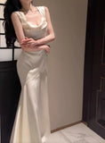 Ndyad White Mermaid Square Neck Satin Prom Dress Birthday Dress HZ1024
