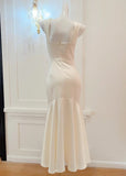Ndyad White Mermaid Square Neck Satin Prom Dress Birthday Dress HZ1024