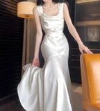 Ndyad White Mermaid Square Neck Satin Prom Dress Birthday Dress HZ1024