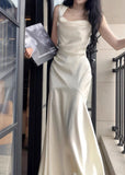 Ndyad White Mermaid Square Neck Satin Prom Dress Birthday Dress HZ1024