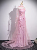 Ndyad Mermaid Strapless Tulle 3D Applique Long Prom Dress Sweet Wedding Dress HZ1024