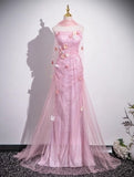 Ndyad Mermaid Strapless Tulle 3D Applique Long Prom Dress Sweet Wedding Dress HZ1024