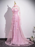 Ndyad Mermaid Strapless Tulle 3D Applique Long Prom Dress Sweet Wedding Dress HZ1024