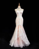 Ndyad Pink Strapless Mermaid Tulle Lace Long Prom Dress Sweetheart Neckline Formal Dress HZ1024