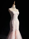 Ndyad Pink Strapless Mermaid Tulle Lace Long Prom Dress Sweetheart Neckline Formal Dress HZ1024
