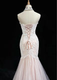 Ndyad Pink Strapless Mermaid Tulle Lace Long Prom Dress Sweetheart Neckline Formal Dress HZ1024