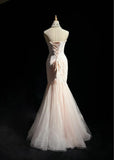 Ndyad Pink Strapless Mermaid Tulle Lace Long Prom Dress Sweetheart Neckline Formal Dress HZ1024
