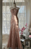 Ndyad Blush Pink Spaghetti Strap Mermaid Tulle Sequin Long Prom Dress Beaded Graduation Prom Adult Ceremony Dress HZ1024