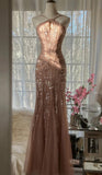 Ndyad Blush Pink Spaghetti Strap Mermaid Tulle Sequin Long Prom Dress Beaded Graduation Prom Adult Ceremony Dress HZ1024