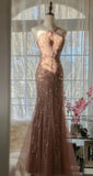 Ndyad Blush Pink Spaghetti Strap Mermaid Tulle Sequin Long Prom Dress Beaded Graduation Prom Adult Ceremony Dress HZ1024