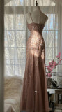 Ndyad Blush Pink Spaghetti Strap Mermaid Tulle Sequin Long Prom Dress Beaded Graduation Prom Adult Ceremony Dress HZ1024