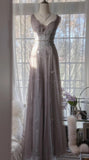 Ndyad Purple A-Line V Neck Tulle Lace Long Prom Dress Gorgeous Evening Dress HZ1024