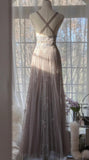 Ndyad Purple A-Line V Neck Tulle Lace Long Prom Dress Gorgeous Evening Dress HZ1024