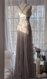 Ndyad Purple A-Line V Neck Tulle Lace Long Prom Dress Gorgeous Evening Dress HZ1024