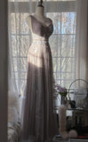 Ndyad Purple A-Line V Neck Tulle Lace Long Prom Dress Gorgeous Evening Dress HZ1024