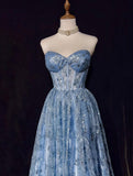Ndyad A-Line Sweetheart Neck Tulle Sequin Long Prom Dress Exquisite Birthday Dress HZ1024