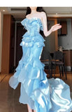 Ndyad Mermaid Strapless Long Ruffled Prom Dress HZ1024