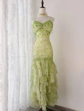 Ndyad Green Mermaid Vintage Party Dresses Sweetheart Chiffon Beaded Layed Prom Dresses HZ1024