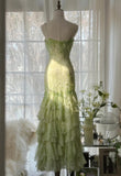 Ndyad Green Mermaid Vintage Party Dresses Sweetheart Chiffon Beaded Layed Prom Dresses HZ1024