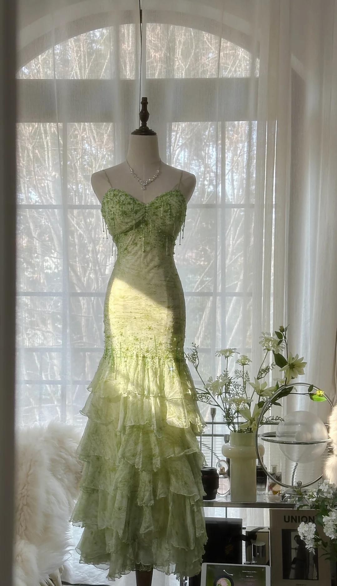 Ndyad Green Mermaid Vintage Party Dresses Sweetheart Chiffon Beaded Layed Prom Dresses HZ1024