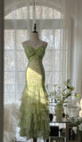 Ndyad Green Mermaid Vintage Party Dresses Sweetheart Chiffon Beaded Layed Prom Dresses HZ1024