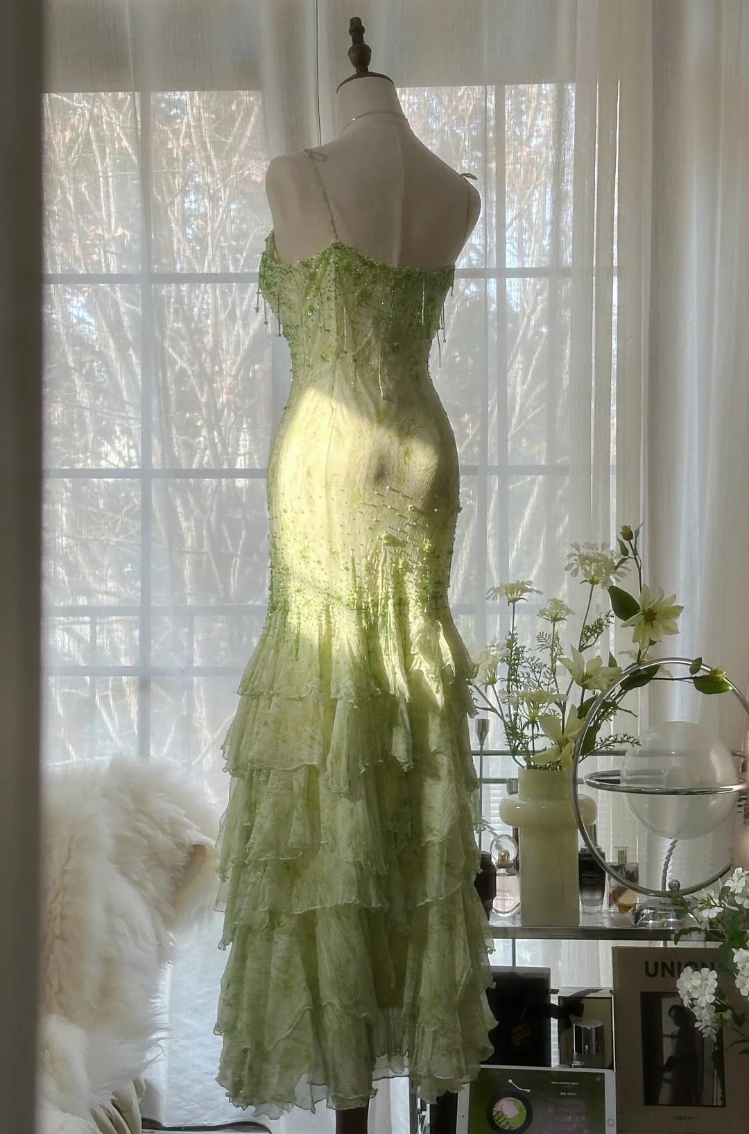 Ndyad Green Mermaid Vintage Party Dresses Sweetheart Chiffon Beaded Layed Prom Dresses HZ1024