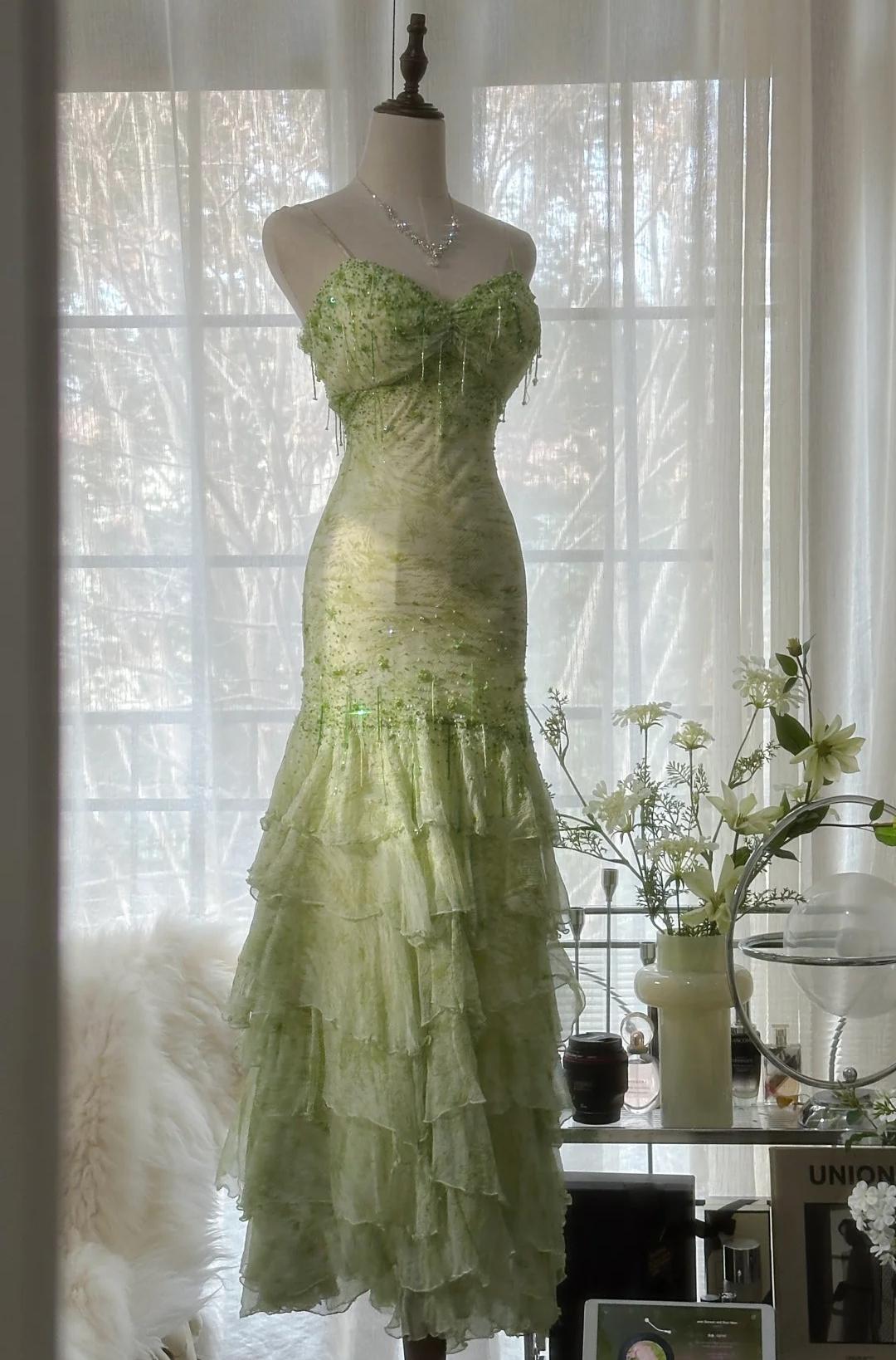 Ndyad Green Mermaid Vintage Party Dresses Sweetheart Chiffon Beaded Layed Prom Dresses HZ1024