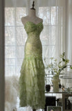 Ndyad Green Mermaid Vintage Party Dresses Sweetheart Chiffon Beaded Layed Prom Dresses HZ1024