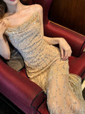 Ndyad Pink Spaghetti Strap Mermaid Tulle Sequined Prom Dress Birthday Dress HZ1024