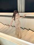 Ndyad Pink Spaghetti Strap Mermaid Tulle Sequined Prom Dress Birthday Dress HZ1024