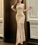 Ndyad Pink Spaghetti Strap Mermaid Tulle Sequined Prom Dress Birthday Dress HZ1024