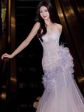 Ndyad Purple Mermaid Sweetheart Neck Tulle Sequin Prom Dress Quincea?a Ball Dress Wedding Dress HZ1024